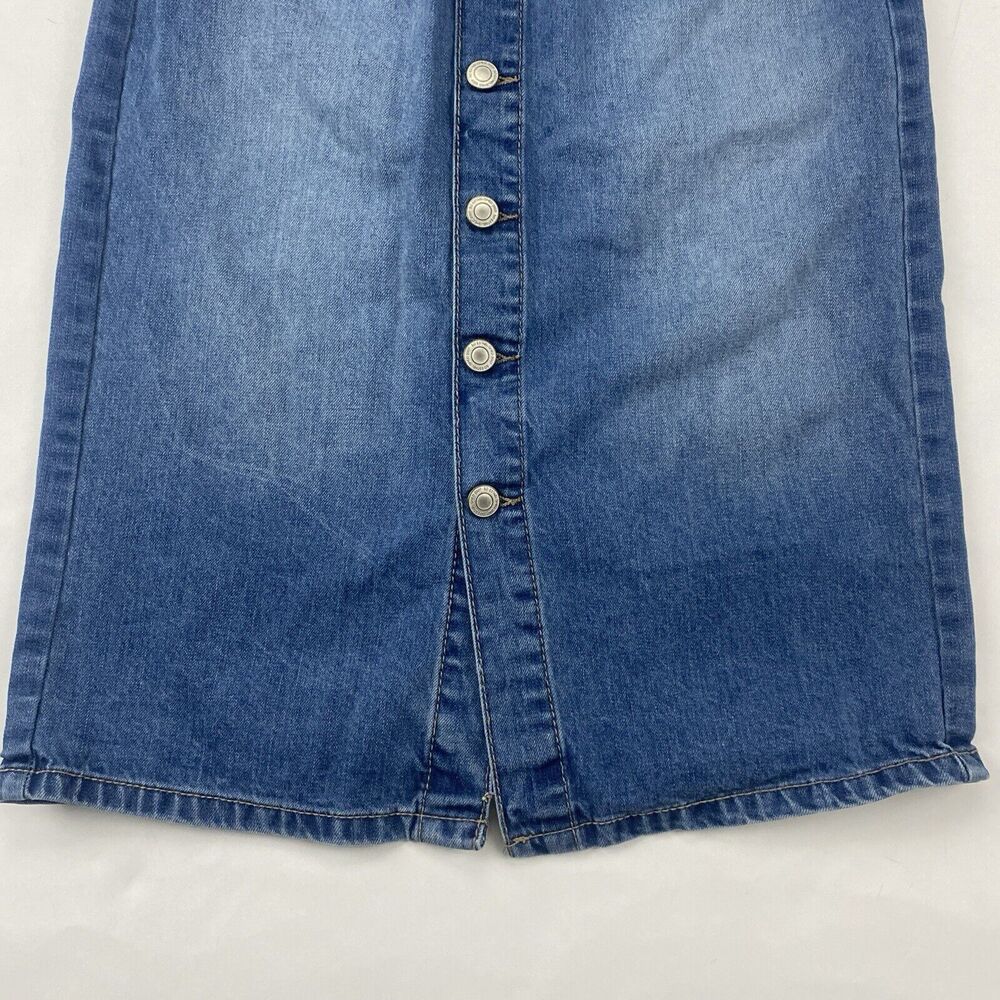 SO Midi Denim Blue Jean Skirt Button Front Size 7/28 Medium Wash Slit Stretch - Picture 3 of 8